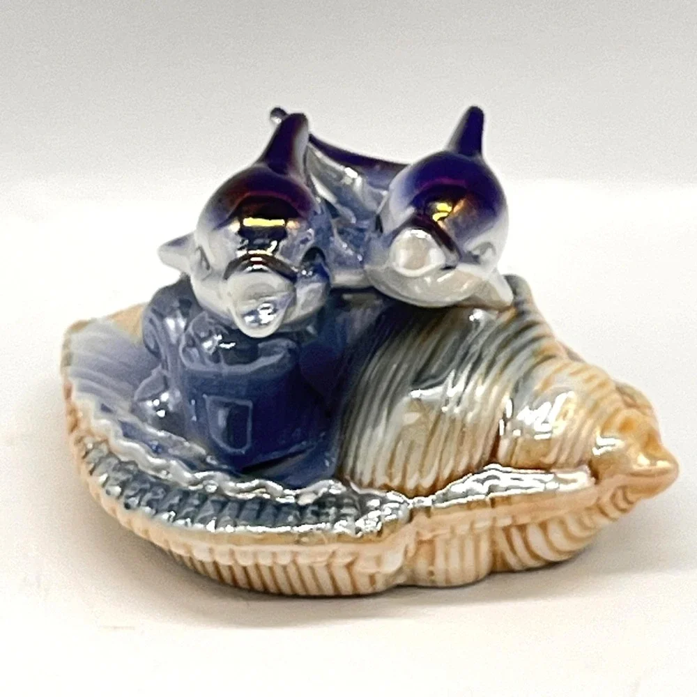 Vintage Lusterware Iridescent Porcelain Dolphins On Seashell Mirtex Trading
